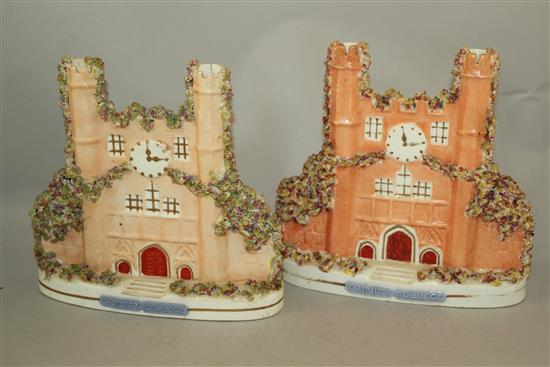 Three Staffordshire porcelaneous models of Trinity College, Dublin and another of a Wren style building, 17 - 26cm